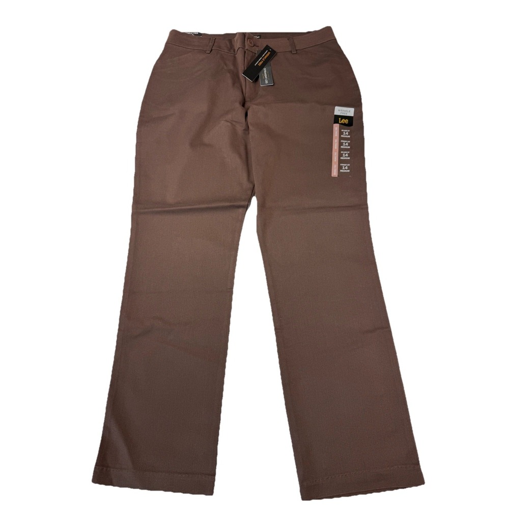 Lee Women's Wrinkle Free Relaxed Fit Straight Leg Pant Brown Size 14 Mid Rise
